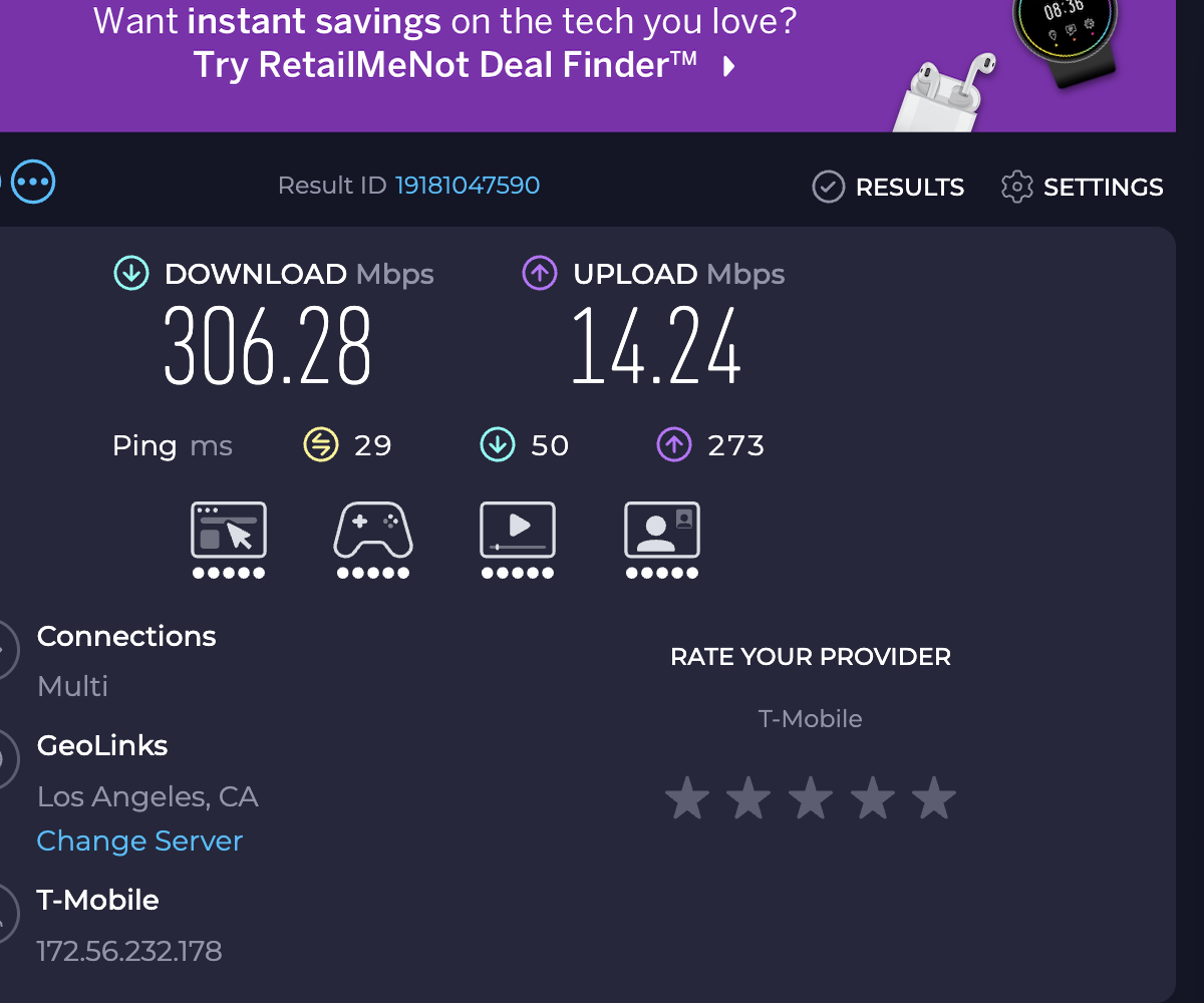 Speedtest result with FastNet running: 306.28 Mbps download, 14.24 Mbps upload on the same T-Mobile SIM