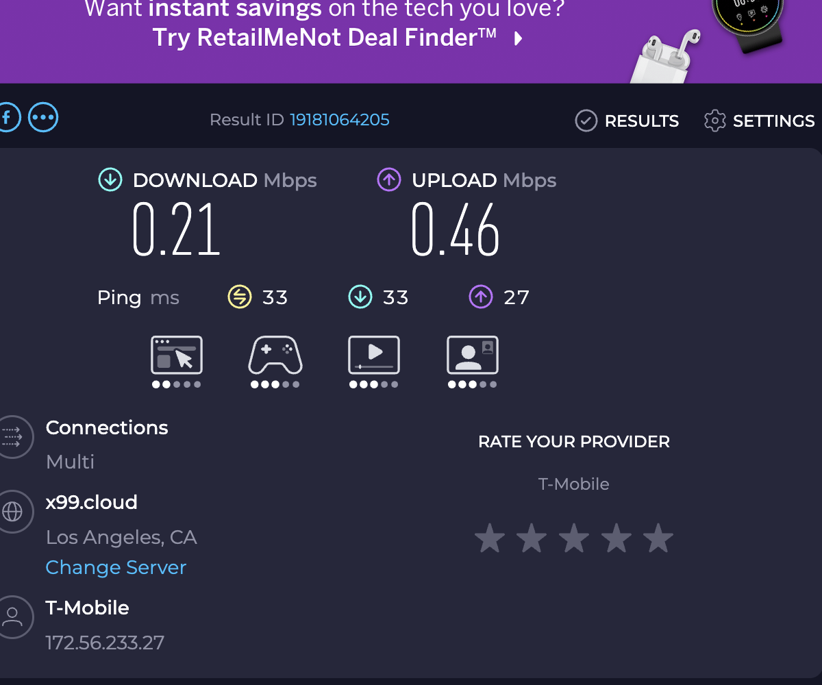 Speedtest result while iPhone hotspot is throttled: 0.21 Mbps download, 0.46 Mbps upload on T-Mobile